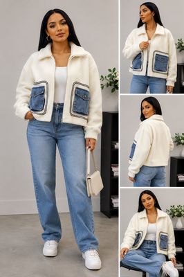 RAPH- MEGAN TEDDY FLEECE DENIM POCKET CARDIGAN