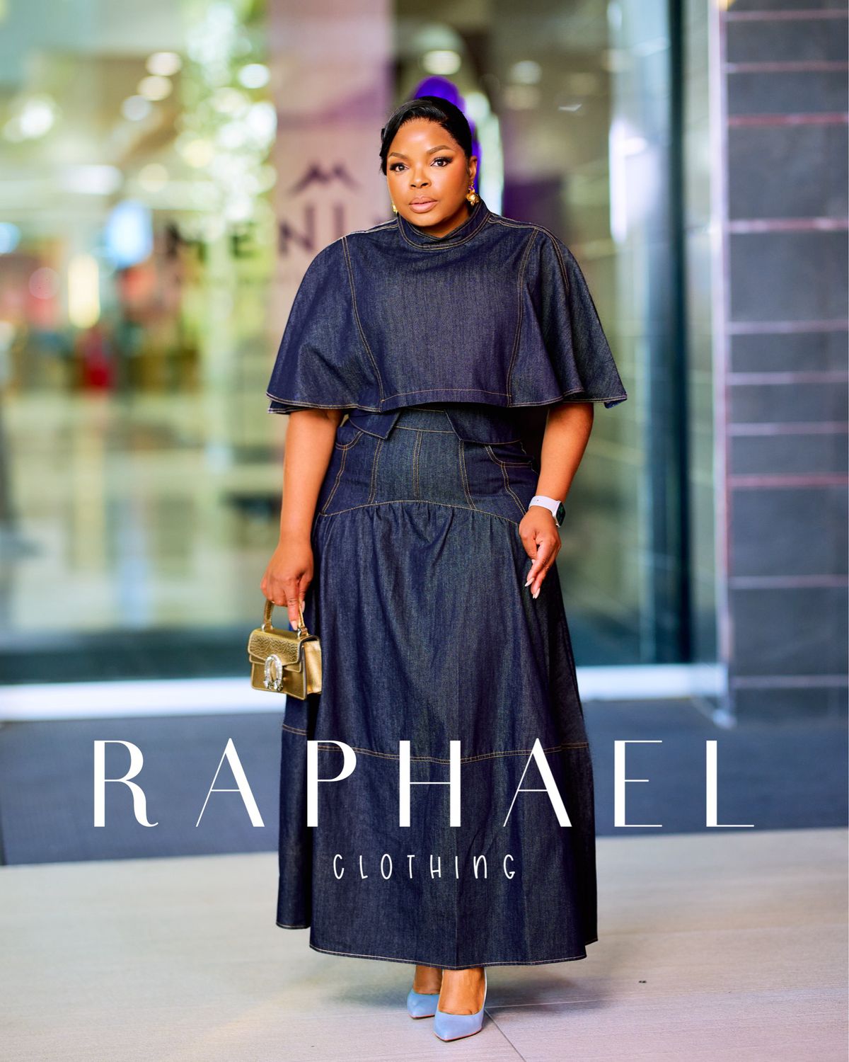 RAPH-DENIM CROPPED CAPE TOP SKIRT SET