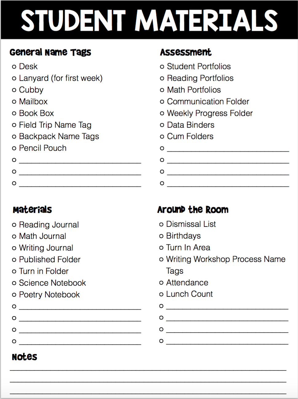 Back to School Student Material Checklists