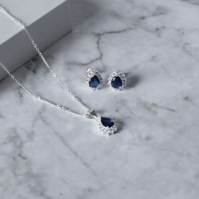 Juego de gota con zirconia azul y micro zirconias en Plata Italiana 925