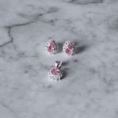 Juego de gota con zirconia Rosado y micro zirconias en Plata Italiana 925