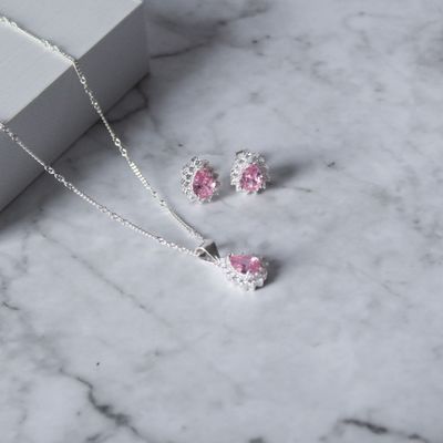 Juego de gota con zirconia Rosado y micro zirconias en Plata Italiana 925