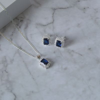 Juego cuadrado con zirconia Azul y micro zirconia en Plata Italiana 925