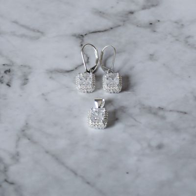 Juego de zirconia corte esmeralda y aretes broche antiguo en Plata Italiana 925