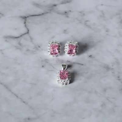 Juego cuadrado con zirconia Rosado y micro zirconia en Plata Italiana 925
