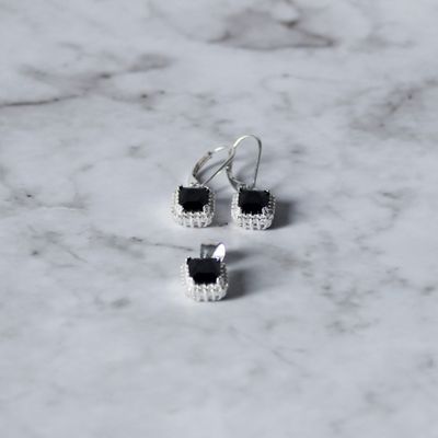 Juego de zirconia negra corte esmeralda  y aretes broche antiguo en Plata Italiana 925