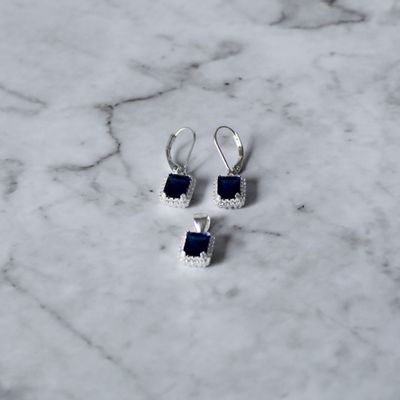 Juego de zirconia Azul corte esmeralda y aretes broche antiguo en Plata Italiana 925