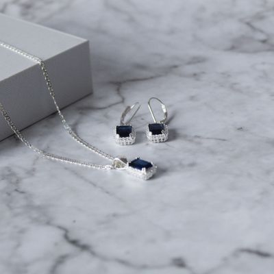 Juego de zirconia Azul corte esmeralda y aretes broche antiguo en Plata Italiana 925