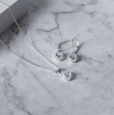 Juego de zirconia redonda y aretes broche antiguo en Plata Italiana 925