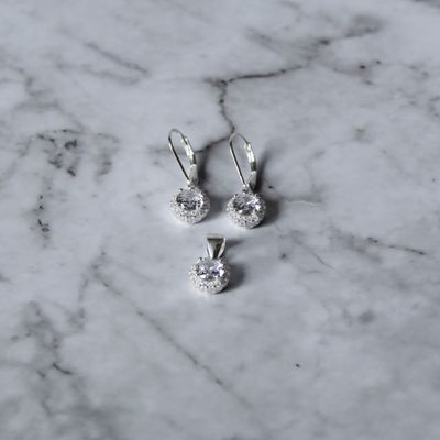 Juego de zirconia redonda y aretes broche antiguo en Plata Italiana 925