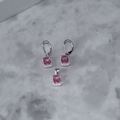 Juego de zirconia Rosada corte esmeralda y aretes broche antiguo en Plata Italiana 925