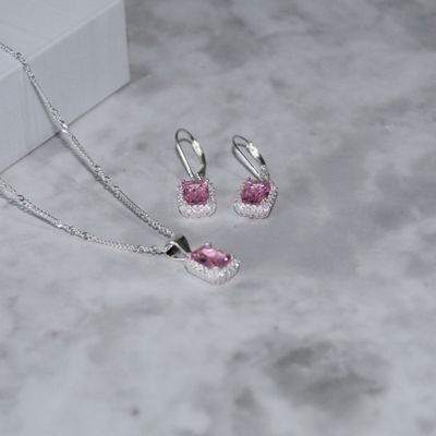 Juego de zirconia Rosada corte esmeralda y aretes broche antiguo en Plata Italiana 925