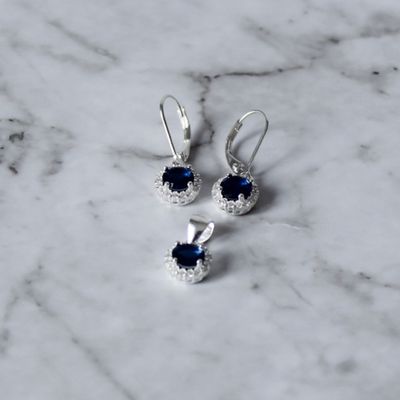 Juego de zirconia Azul redonda y aretes broche antiguo en Plata Italiana 925