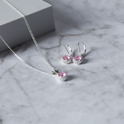 Juego de zirconia Rosada redonda con micro zirconia y aretes broche antiguo en Plata Italiana 925