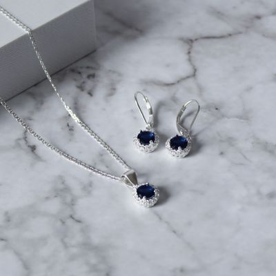 Juego de zirconia Azul redonda y aretes broche antiguo en Plata Italiana 925