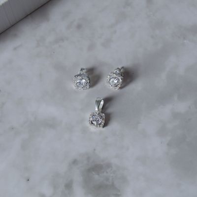 Juego zirconia redonda y marco cuadro en Plata italiana 925