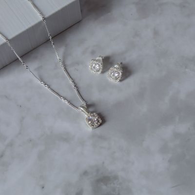 Juego zirconia redonda y marco cuadro en Plata italiana 925