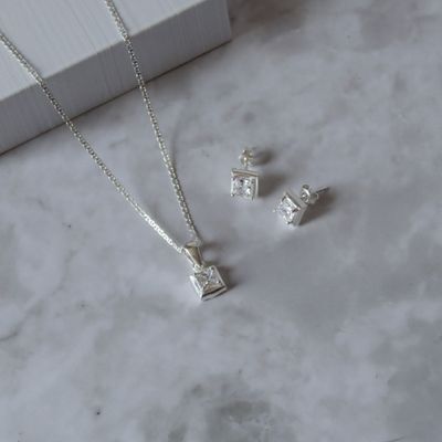 Juego de zirconia y marco cuadro en Plata italiana 925