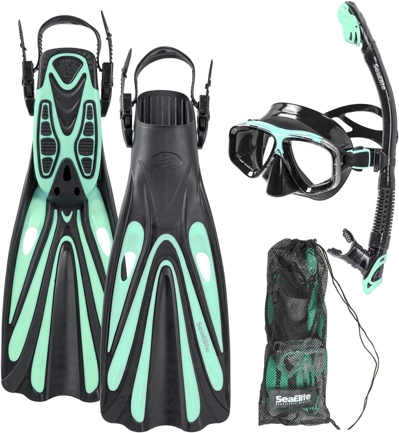 Sea Elite M2 Starter Dual Lens Mask, Fins, and Snorkel Package, Color: Mint, Size: Medium/Large
