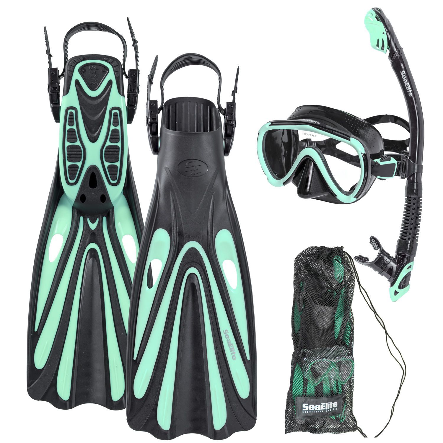 Sea Elite M1 Starter Single Lens Mask, Fins, and Snorkel Package, Color: Mint, Size: Medium/Large