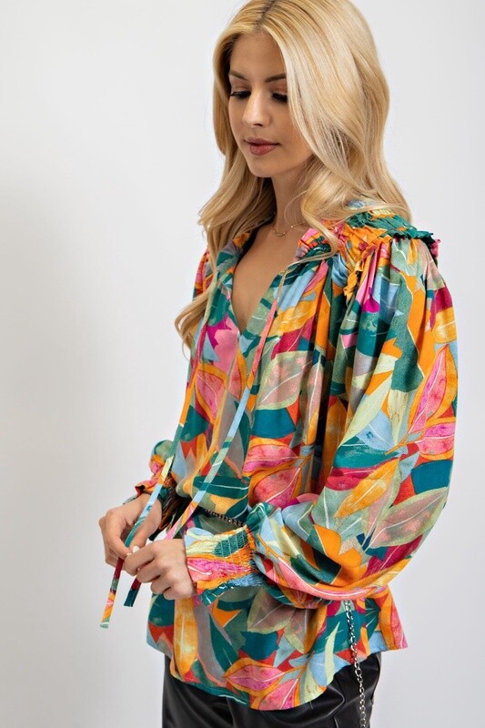 Tropical Printed Challis Top - SALE - MSRP: $45, Size: Small, Color: Jade Green