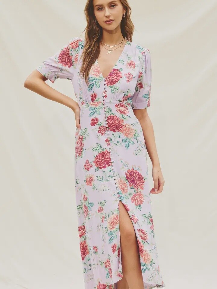 Lavender Dream Button Detail Midi Dress, Color: Lavender Rose Garden, Size: Small