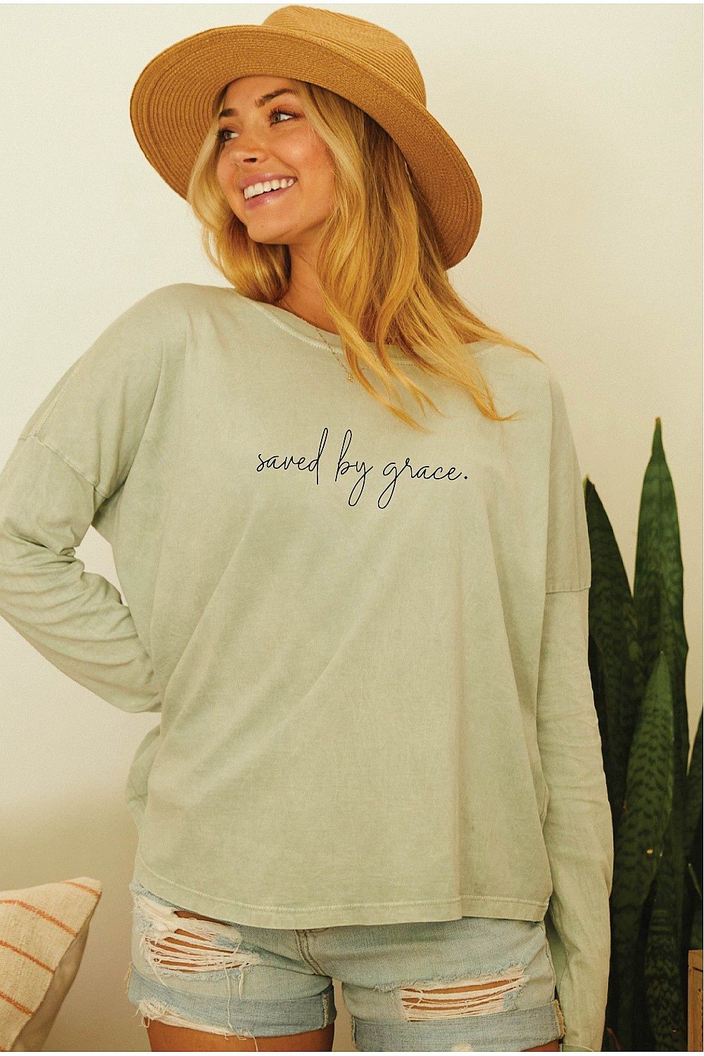 Saved By Grace Mineral Long-Sleeve Graphic Top