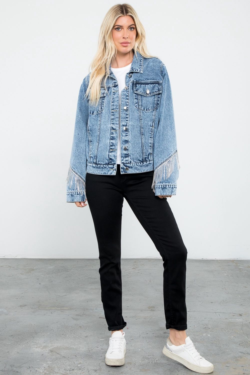 Stone Washed Denim Trucker W/ Rhinestone