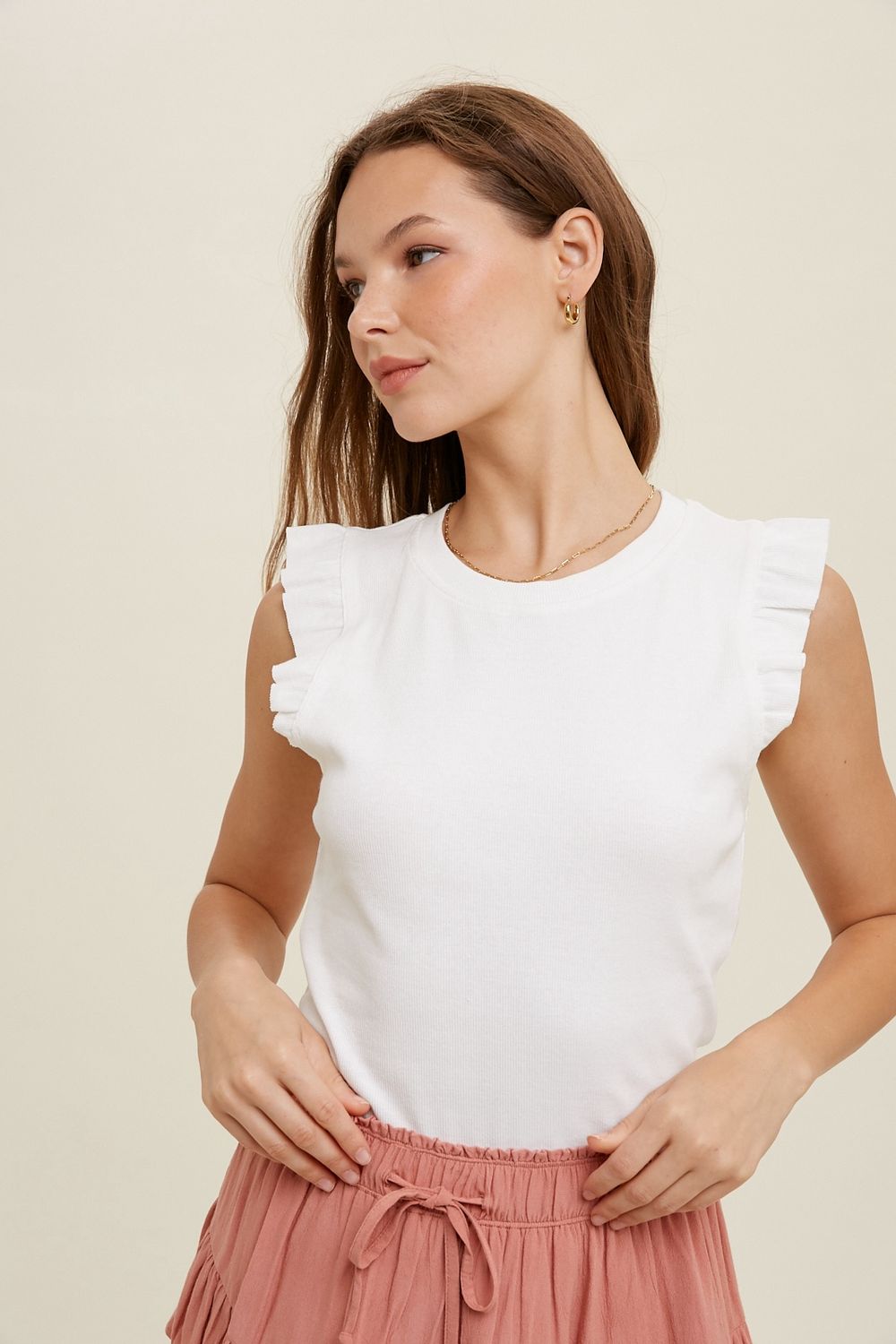 Ribbed Knit Tank Top W/ Ruffled Detail, Size: Small, Color: White