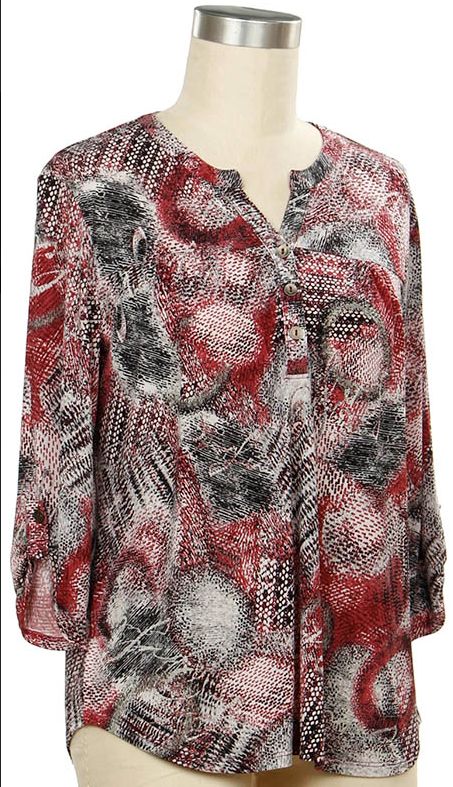 Deans List 3/4 Slv Placket Print Top