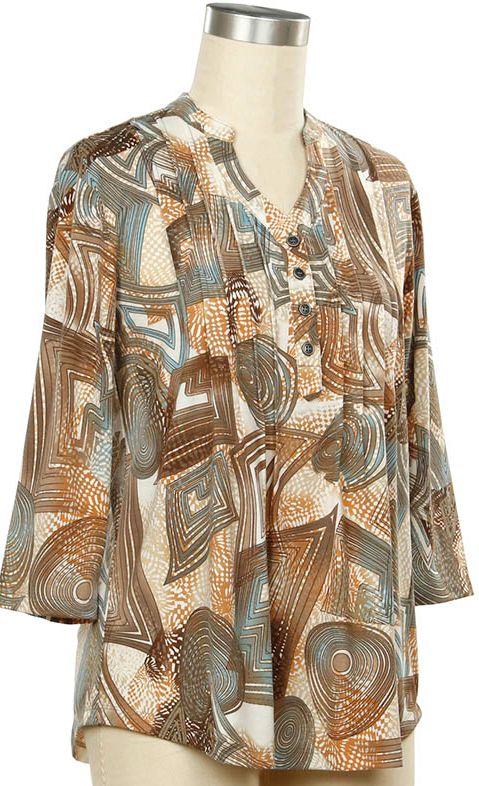Casual Reply 3/4 Slv Geo Print Top, Size: Small, Color: Lt Grotto Tan