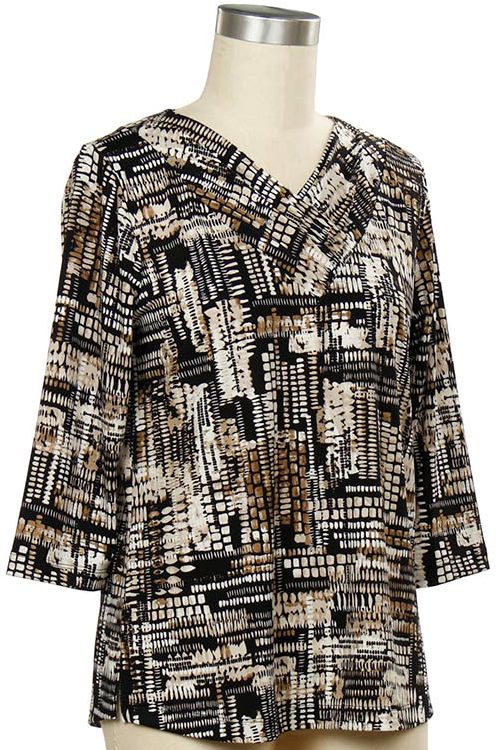 Casual Reply 3/4 Slv Dotted Patch Print Top, Size: Small, Color: Black Tan Dune