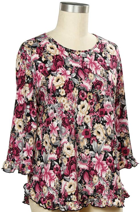 Color Artistry 3/4 Slv Flower Print Top, Size: Small, Color: Sweet Violet Black