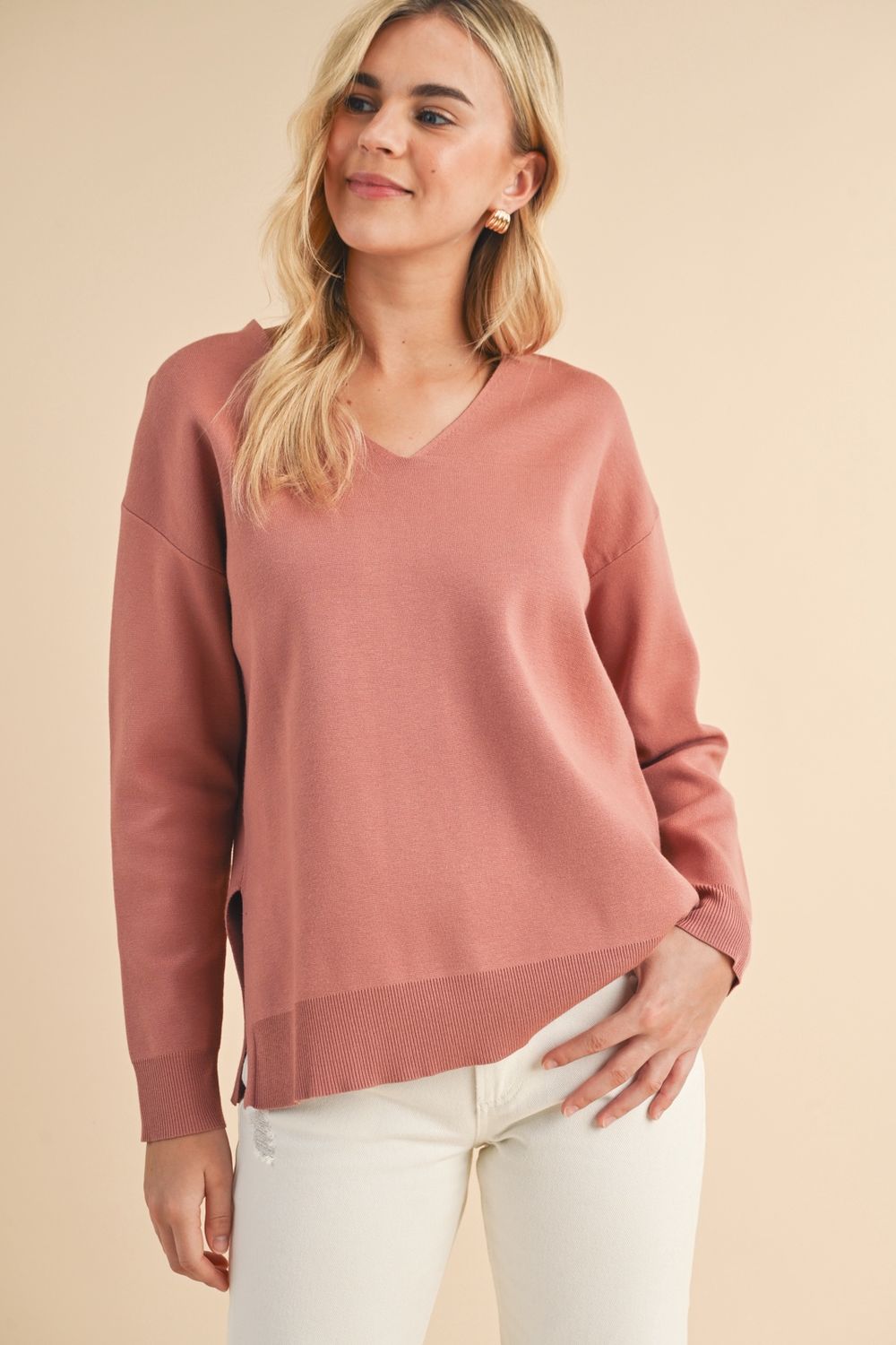 Basic Drop Shoulder Sweater Top with Side Slit - SALE