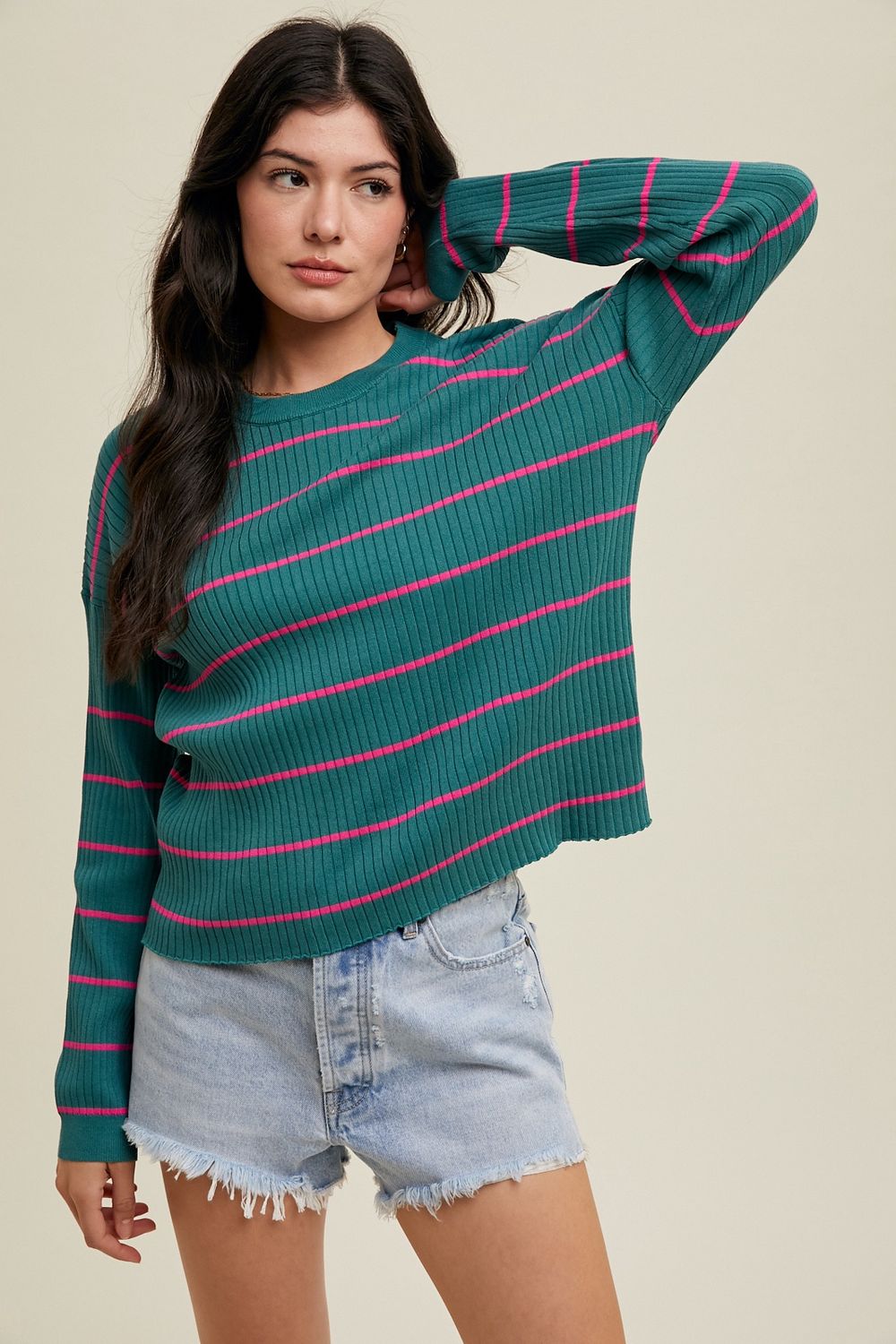 Striped Basic Ribbed Knit Sweater