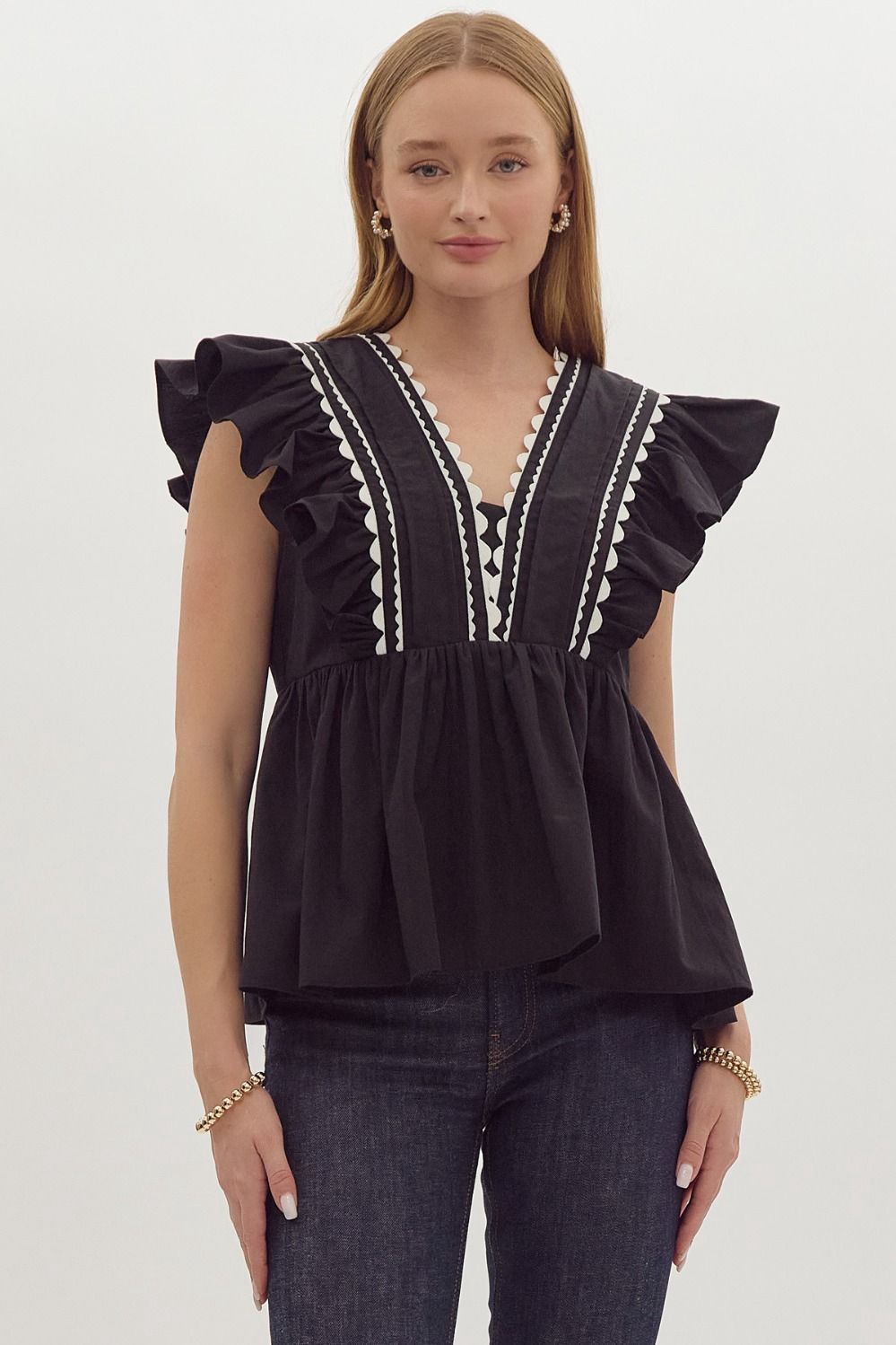 Black Ruffle Sleeve Top with White Details