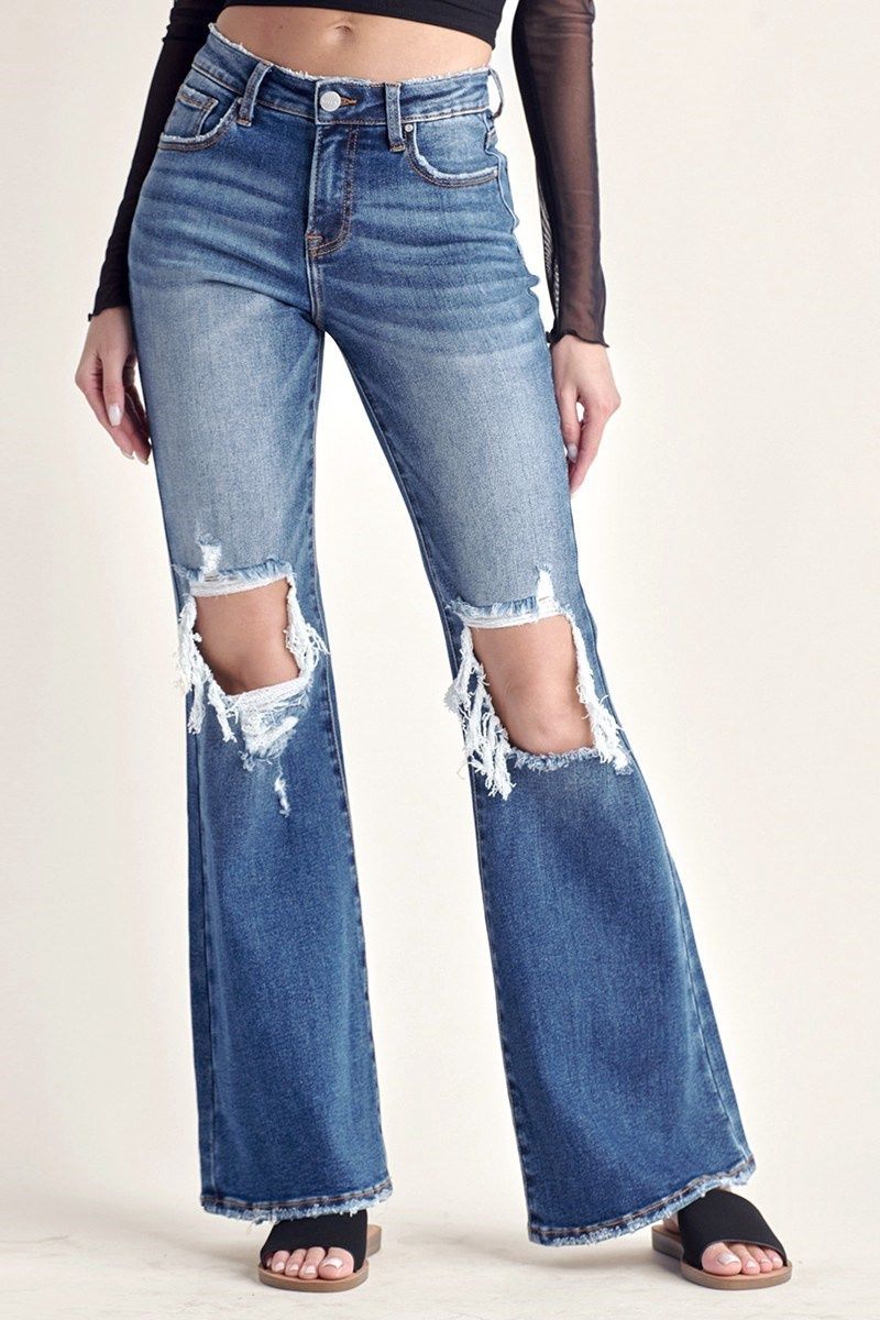 Risen Mid Rise -Distressed Flare Jeans - 33&quot;