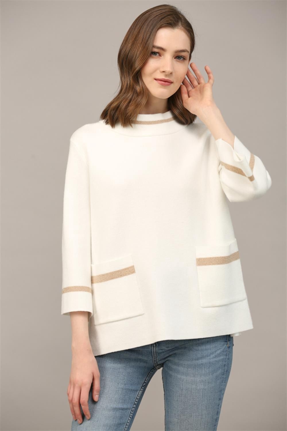 Contrast Lurex Yarn Det Mock Neck Sweater