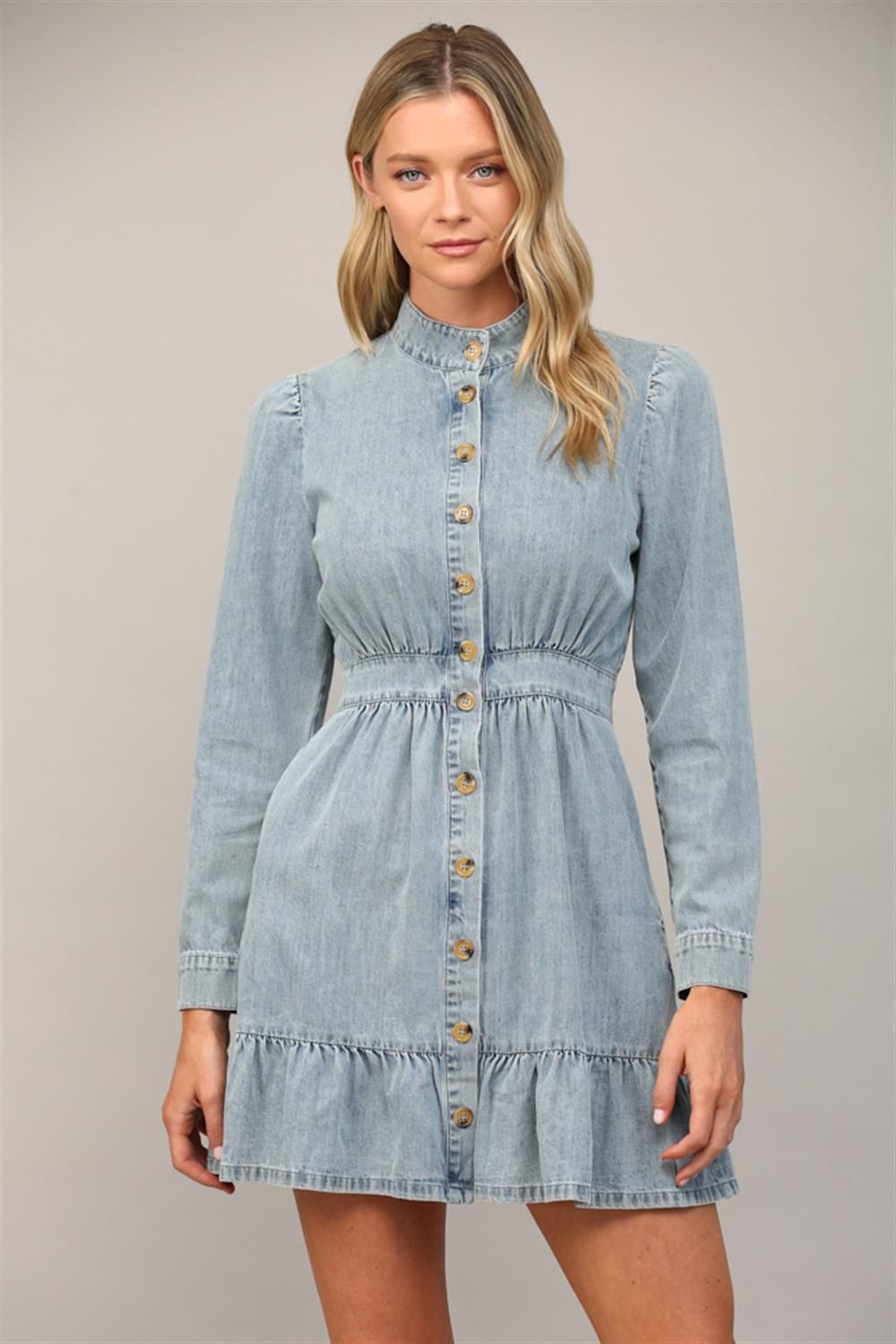 Standing Collar Washed Denim Dress