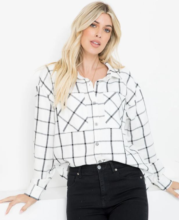 Oversized Plaid Linen Blend Shirt - SALE -