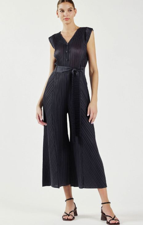 Sleeveless V-Neck Button Front Pleated Jumpsuit