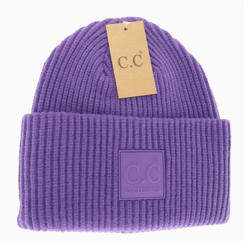 Solid Ribbed CC Beanie with Rubber Patch, Type: Purple