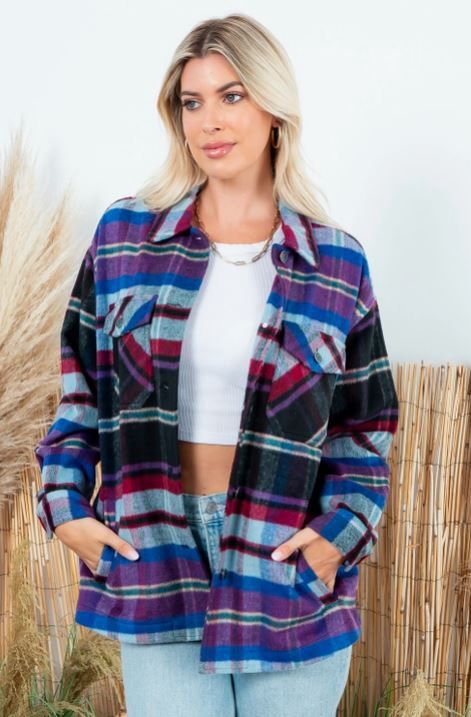 Women&#39;s Wool-Like Plaid Shacket with Pockets