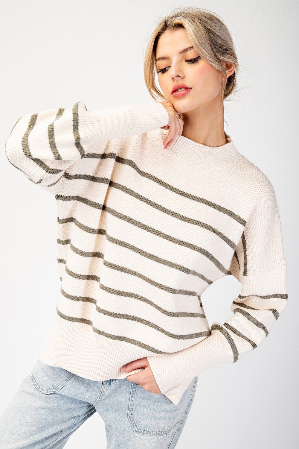 Olive Striped Round Neck Sweater