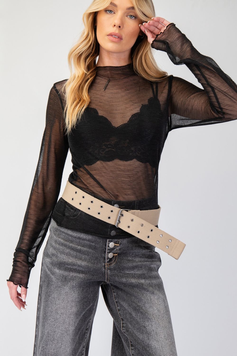 Long Sleeve Foil Mesh Top