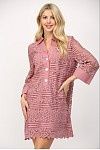 Front Button Half Placket Crochet Lace Shift Dress