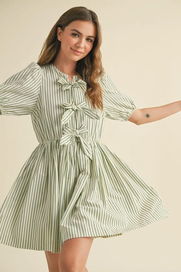 Striped with Bow Tie Front Sleeve Dress