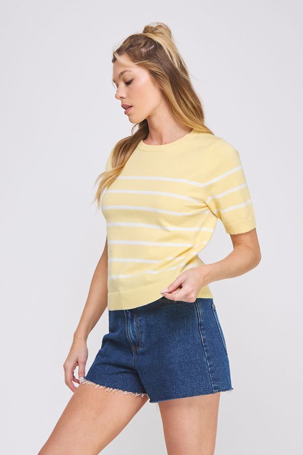 Soft Fine Gauge Short Slv Preppy Striped Top