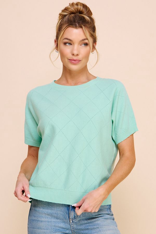 Short Sleeve Diamond Pointelle Top, Size: Small, Color: Mint