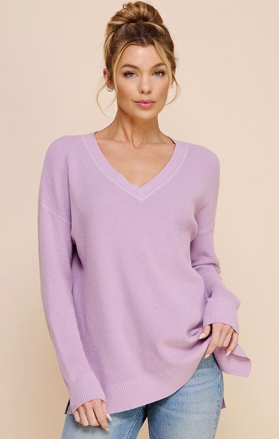 Waffle V-Neck Fine Gauge Sweater